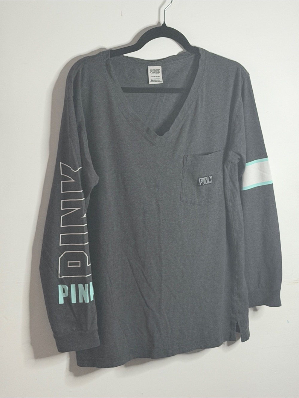 Victoria's Secret PINK Charcoal Gray Long Sleeve Tee with Mint Accents